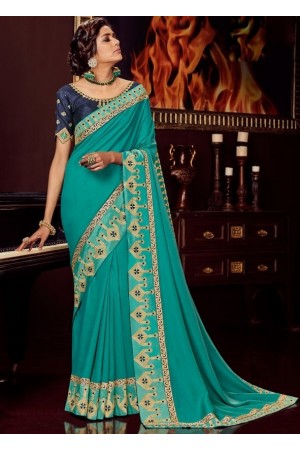teal green silk saree with embroidered blouse 10419
