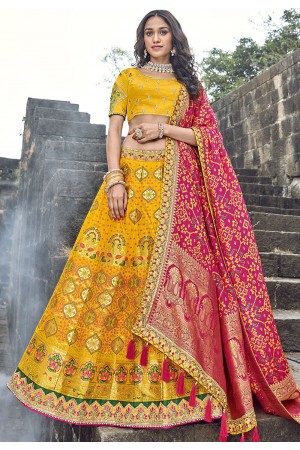 bright yellow banarasi silk traditional lehenga choli 3706