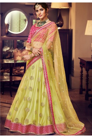 green pink satin silk embroidered lehenga choli 4164