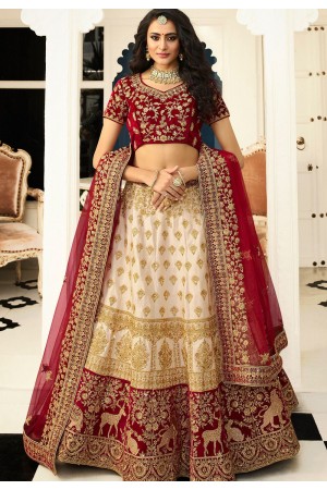 off white maroon silk embroidered lehenga choli 943