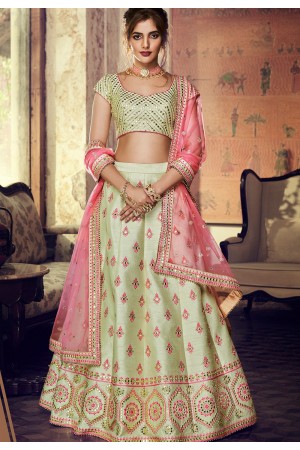 pista green silk embroidered lehenga choli 4156