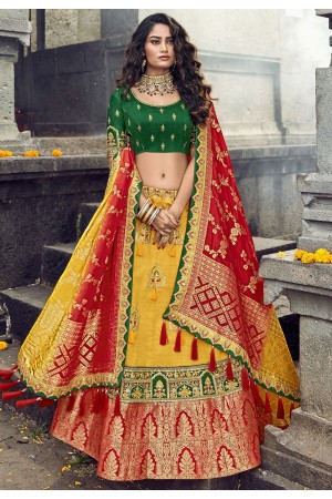 yellow green banarasi silk traditional lehenga choli 3702