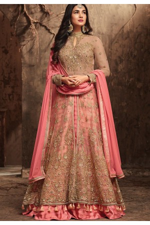 Sonal Chauhan Beige and Pink Net party wear anarkali kameez