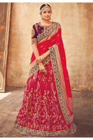 Red and Purple Indian Silk wedding lehenga