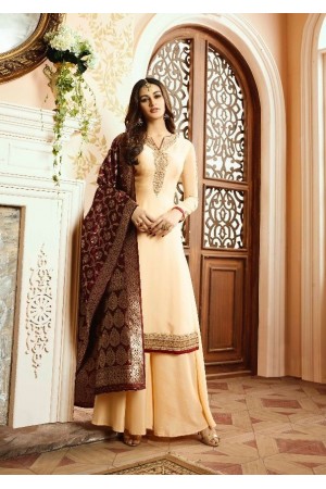 Cream brown silk festive wear palazzo suit 15107