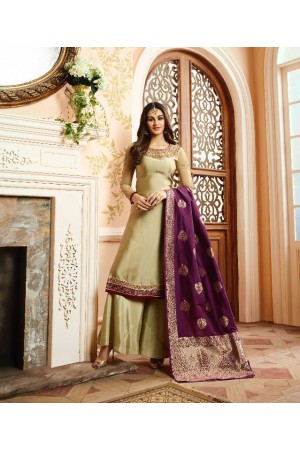 Cream purple silk festive wear palazzo suit 15102