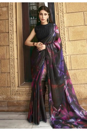 Black satin silk saree with blouse 43803