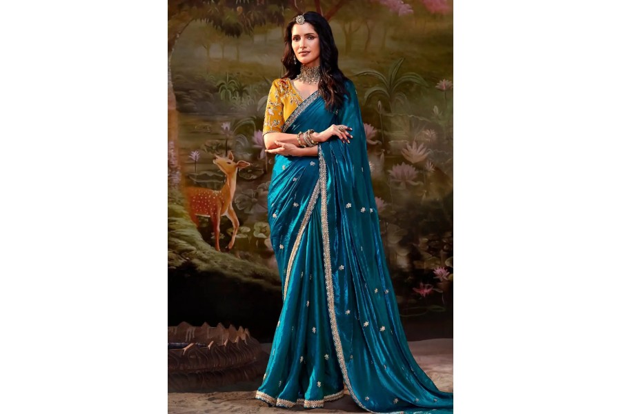 Blue Embroidered Organza Saree With Unstitched Blouse Piece main image 1