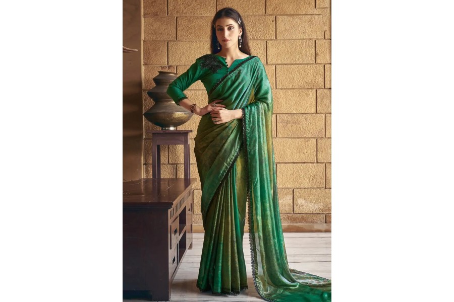 Green Semi Silk Saree With Hand Work Blouse Combo main image 0