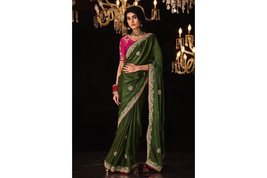 Green Embellished Tissue Saree With Unstitched Blouse Piece