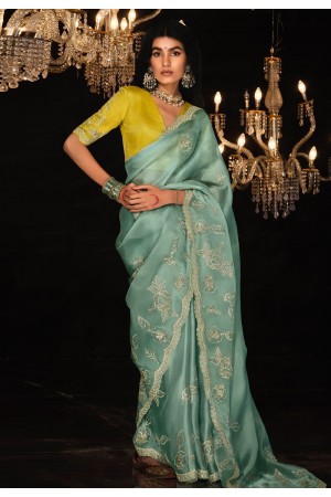 Sea green organza saree with blouse 5333