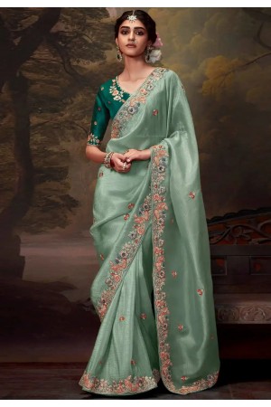 Sea green tissue saree with blouse 5369