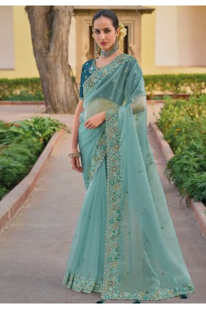Sky blue silk saree with blouse 6906