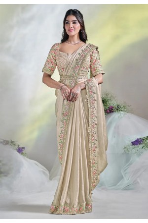 Beige satin silk saree with blouse 24610