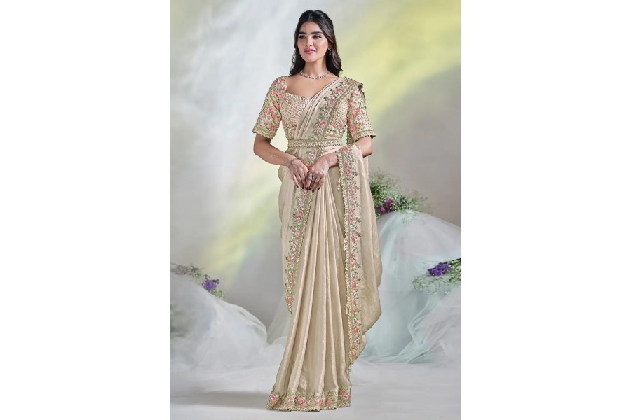 Women's Linen Blend Beige Printed Designer Saree With Blouse Piece main image 1