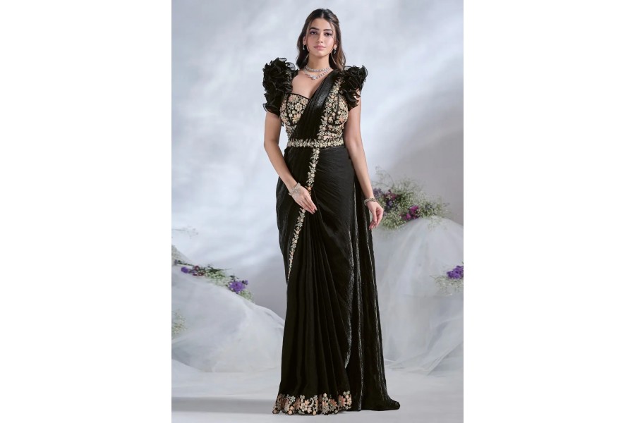 Women's Satin Cream Printed Designer Saree With Blouse Piece