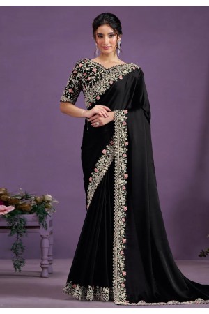 Black satin silk saree with blouse 24810