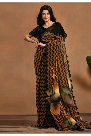 Brown satin silk designer saree 24414