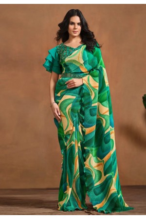 Green satin silk saree with blouse 24411