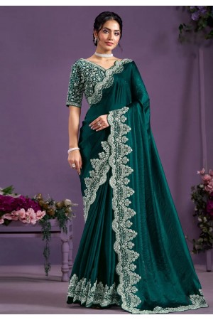 Green satin silk saree with blouse 24805