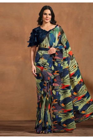 Pista green satin silk saree with blouse 24413