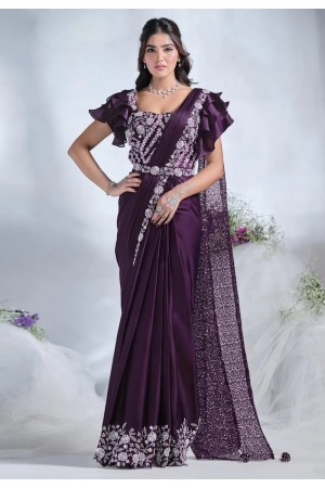 Purple crepe plain saree with designer blouse 24608