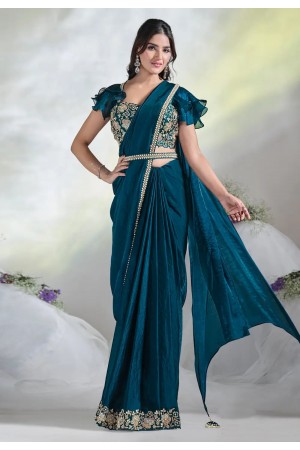 Teal satin silk saree with blouse 24616