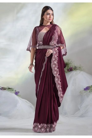 Wine crepe designer saree 24617