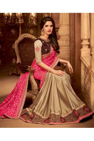 beige and rani pink designer silk saree 2307