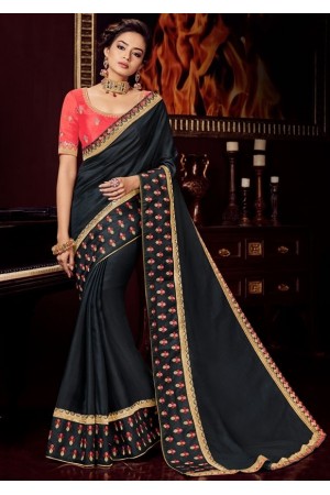 black silk saree with embroidered blouse 10402