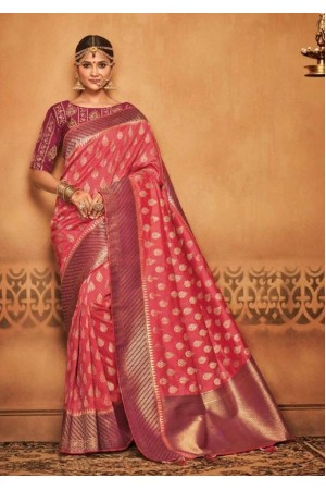 coral pink silk jacquard saree 983