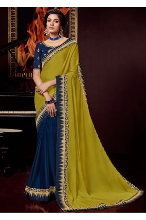 indigo blue and lime yellow saree with embroidered blouse 10405