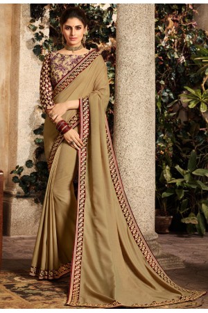khaki brown saree with embroidered blouse 6166