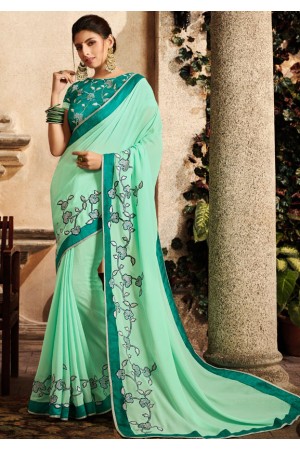 mint green saree with embroidered blouse 6164