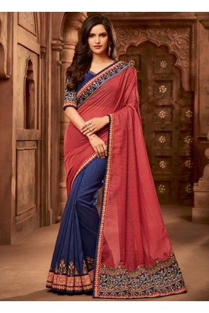 navy blue and carrot red designer silk saree 2304