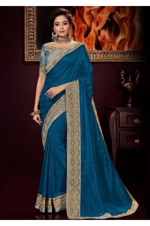 peacock blue silk saree with embroidered blouse 10410
