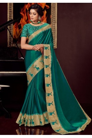 pine green silk saree with embroidered blouse 10401