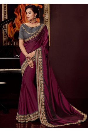 wine satin saree with embroidered blouse 10412