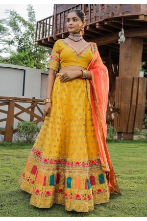 Net a line lehenga choli in Yellow colour 1009