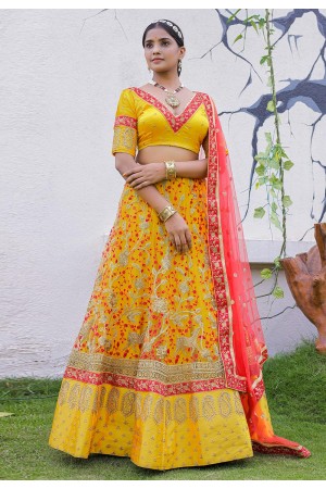 Net a line lehenga choli in Yellow colour 1012