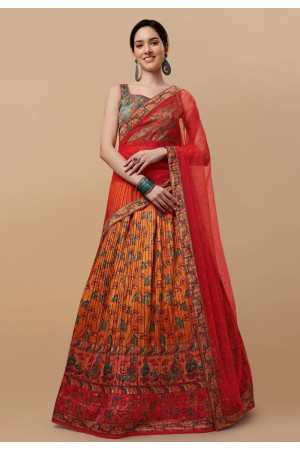 Silk kalamkari circular lehenga choli in Orange colour 1509