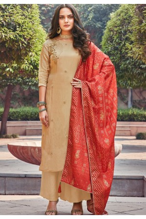 beige art silk khatli embroidered palazzo suit 1401