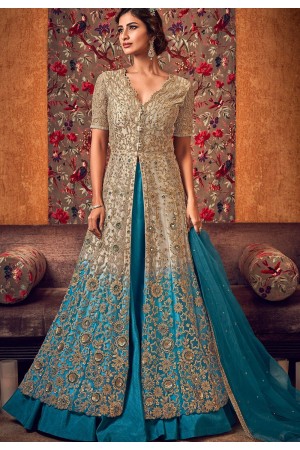 beige blue net embroidered lehenga style anarkali suit 6507