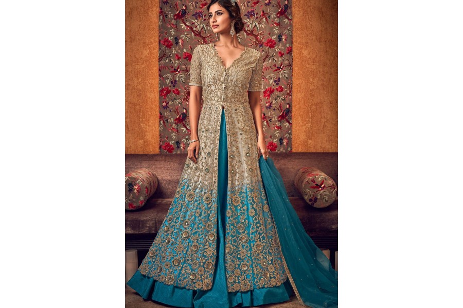 1094 Navy blue-beige bridal anarkali lehenga Outfit Sets main image 1