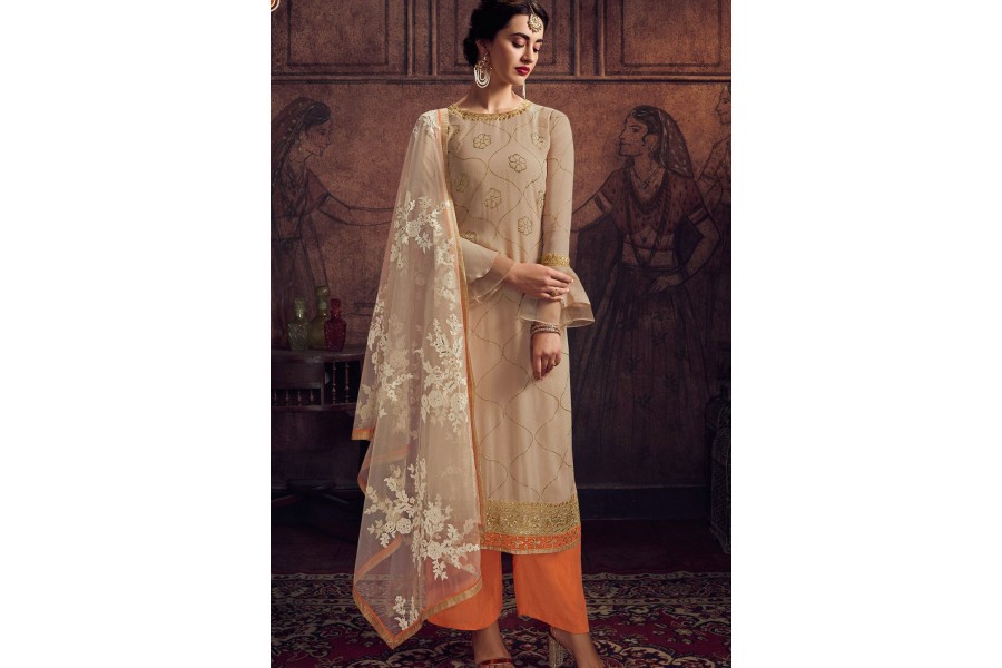 Beige Traditional Readymade Palazzo Suit With Embroidery Stone Work