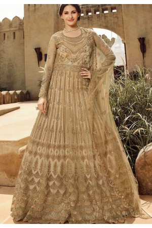 beige net embroidered floor length anarkali suit 15035