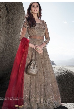 beige net embroidered floor length lehenga style anarkali suit 83005