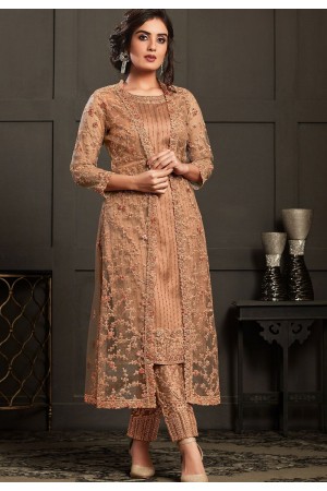 beige net embroidered jacket style trouser suit 4596