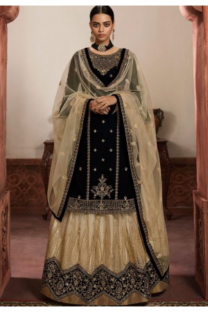 black cream georgette embroidered lehenga style suit 6101