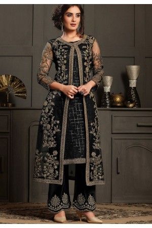 black net embroidered jacket style trouser suit 4594